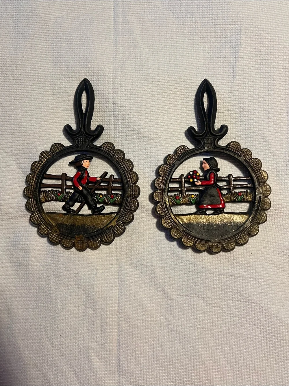 Dalecraft Cast Iron Amish Trivets - Vintage Hand-Painted Folk Art Man & Woman